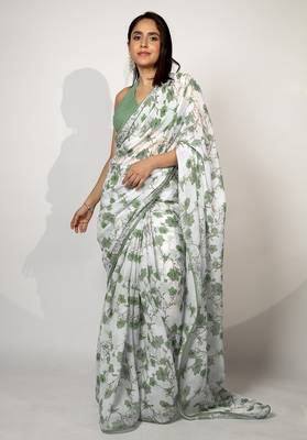 Women's white floral print crochet lace border cotton blend saree with unstiched blouse piece 2