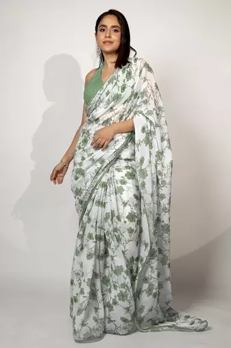 Women's white floral print crochet lace border cotton blend saree with unstiched blouse piece