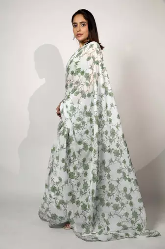 Women's white floral print crochet lace border cotton blend saree with unstiched blouse piece