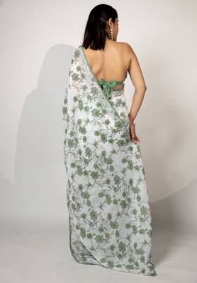 Women's white floral print crochet lace border cotton blend saree with unstiched blouse piece 4