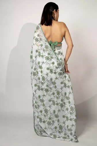 Women's white floral print crochet lace border cotton blend saree with unstiched blouse piece