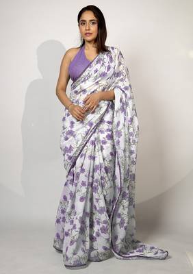 Women's white floral print crochet lace border cotton blend saree with unstiched blouse piece 1