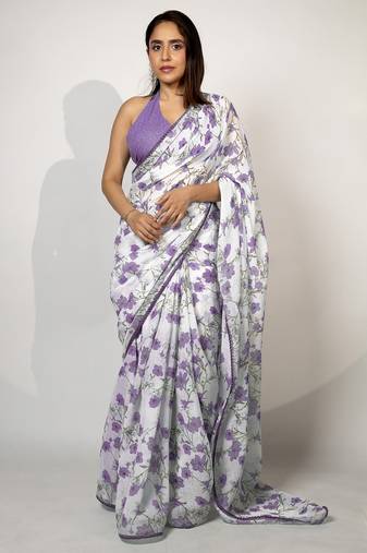 Women's white floral print crochet lace border cotton blend saree with unstiched blouse piece
