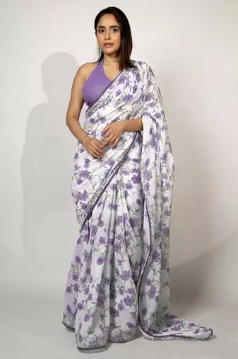 Women's white floral print crochet lace border cotton blend saree with unstiched blouse piece