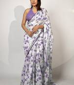 Women's white floral print crochet lace border cotton blend saree with unstiched blouse piece