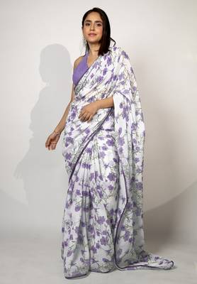 Women's white floral print crochet lace border cotton blend saree with unstiched blouse piece 2