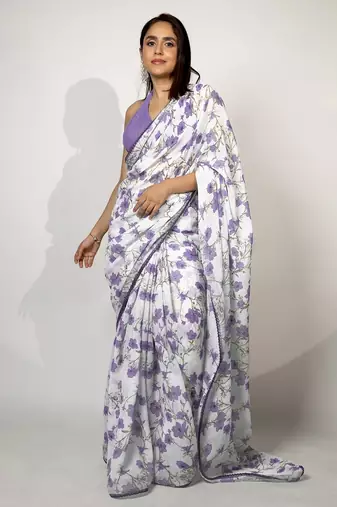 Women's white floral print crochet lace border cotton blend saree with unstiched blouse piece