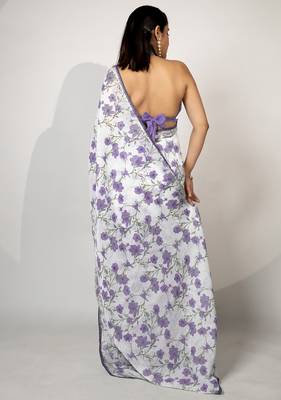 Women's white floral print crochet lace border cotton blend saree with unstiched blouse piece 4