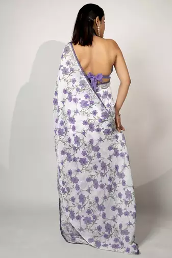Women's white floral print crochet lace border cotton blend saree with unstiched blouse piece