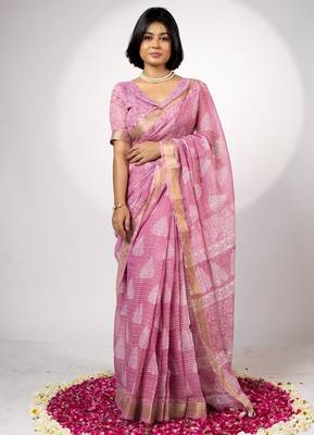 Women's yellow block print golden zari woven cotton blend saree with unstiched blouse piece 1