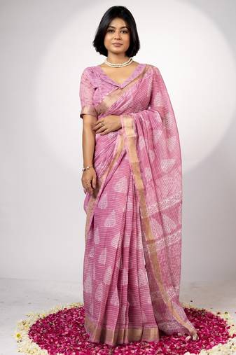Women's pink block print golden zari woven cotton blend saree with unstiched blouse piece