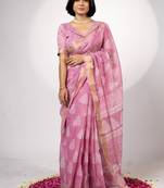Women's pink block print golden zari woven cotton blend saree with unstiched blouse piece