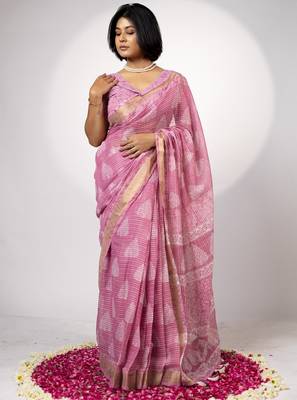 Women's yellow block print golden zari woven cotton blend saree with unstiched blouse piece 2