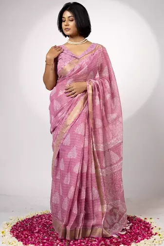 Women's yellow block print golden zari woven cotton blend saree with unstiched blouse piece