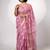 Women's pink block print golden zari woven cotton blend saree with unstiched blouse piece