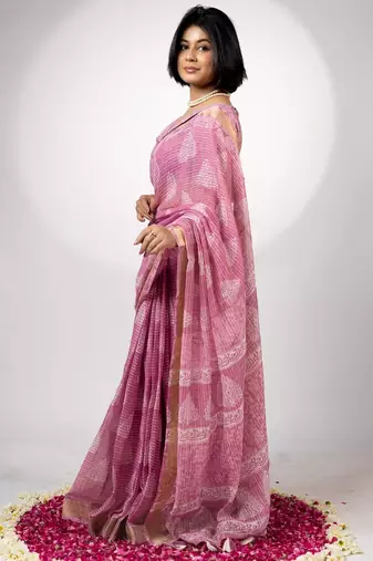 Women's yellow block print golden zari woven cotton blend saree with unstiched blouse piece