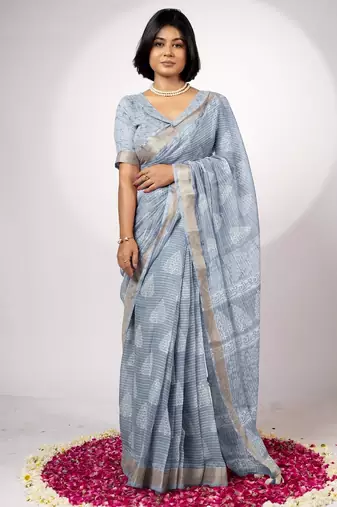 Women's greyish blue block print golden zari woven cotton blend saree with unstiched blouse piece