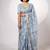Women's greyish blue block print golden zari woven cotton blend saree with unstiched blouse piece