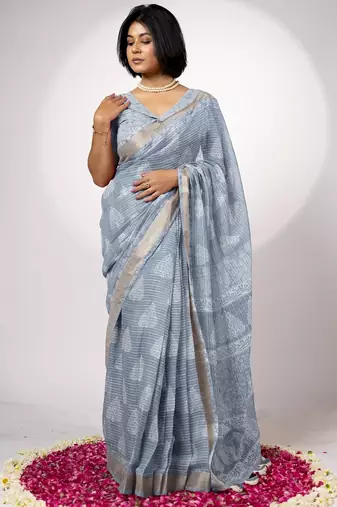 Women's greyish blue block print golden zari woven cotton blend saree with unstiched blouse piece