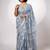 Women's greyish blue block print golden zari woven cotton blend saree with unstiched blouse piece