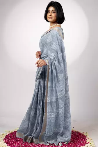 Women's greyish blue block print golden zari woven cotton blend saree with unstiched blouse piece