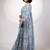 Women's greyish blue block print golden zari woven cotton blend saree with unstiched blouse piece