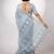 Women's greyish blue block print golden zari woven cotton blend saree with unstiched blouse piece