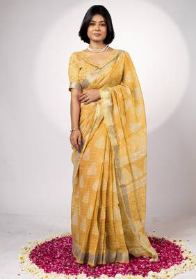 Women's yellow block print golden zari woven cotton blend saree with unstiched blouse piece 1