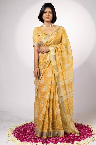 Women's yellow block print golden zari woven cotton blend saree with unstiched blouse piece