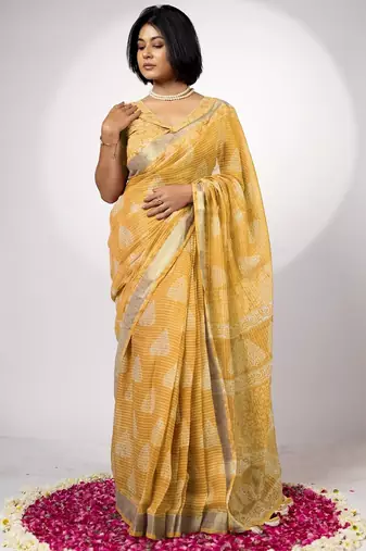 Women's yellow block print golden zari woven cotton blend saree with unstiched blouse piece