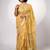 Women's yellow block print golden zari woven cotton blend saree with unstiched blouse piece