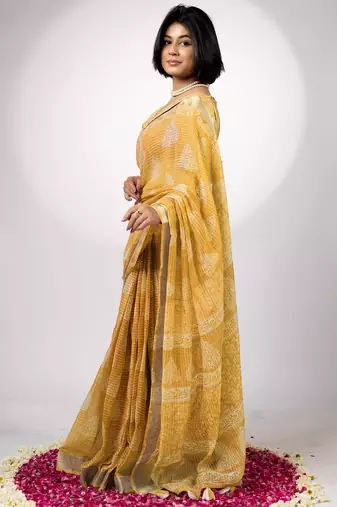 Women's yellow block print golden zari woven cotton blend saree with unstiched blouse piece