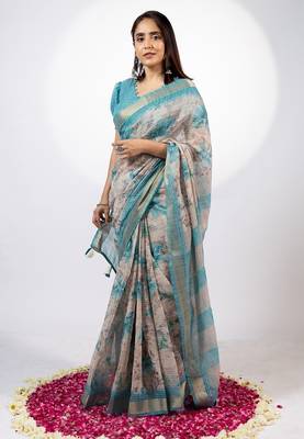 Women's beige floral print golden zari woven cotton blend saree with unstiched blouse piece 1