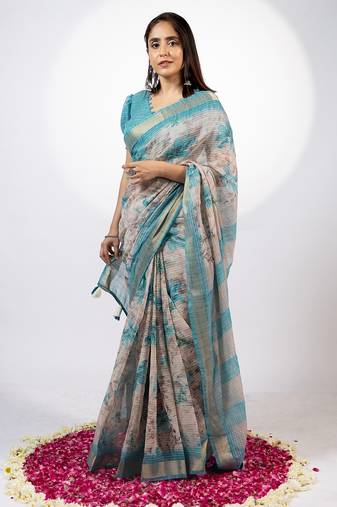 Women's beige floral print golden zari woven cotton blend saree with unstiched blouse piece