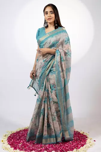 Women's beige floral print golden zari woven cotton blend saree with unstiched blouse piece