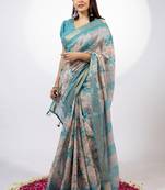 Women's beige floral print golden zari woven cotton blend saree with unstiched blouse piece