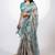 Women's beige floral print golden zari woven cotton blend saree with unstiched blouse piece