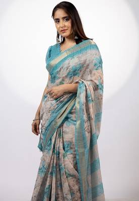 Women's beige floral print golden zari woven cotton blend saree with unstiched blouse piece 2