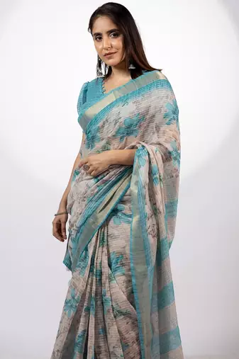 Women's beige floral print golden zari woven cotton blend saree with unstiched blouse piece