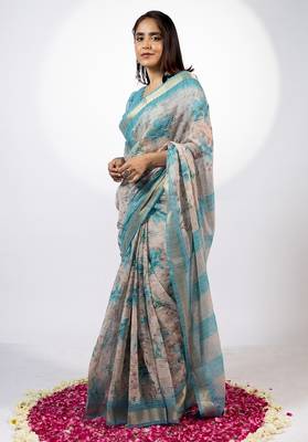Women's beige floral print golden zari woven cotton blend saree with unstiched blouse piece 3