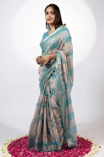 Women's beige floral print golden zari woven cotton blend saree with unstiched blouse piece