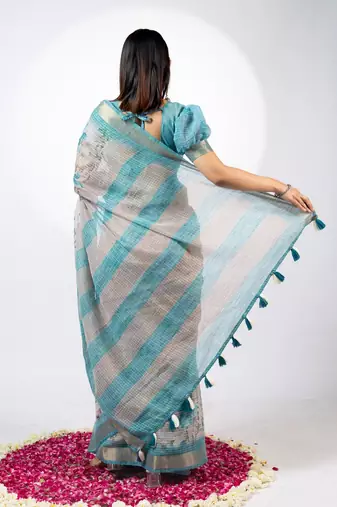 Women's beige floral print golden zari woven cotton blend saree with unstiched blouse piece
