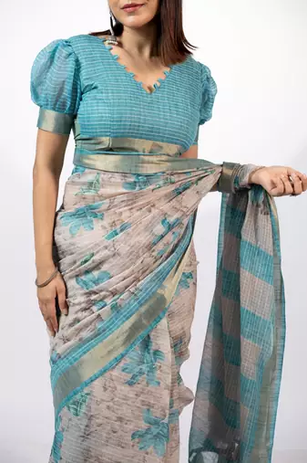Women's beige floral print golden zari woven cotton blend saree with unstiched blouse piece
