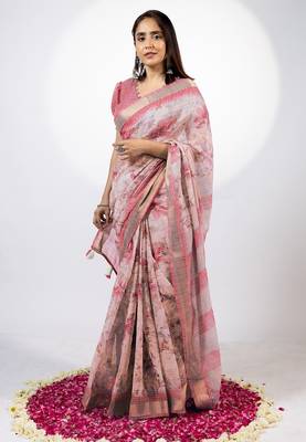Women's peach floral print golden zari woven cotton blend saree with unstiched blouse piece 1
