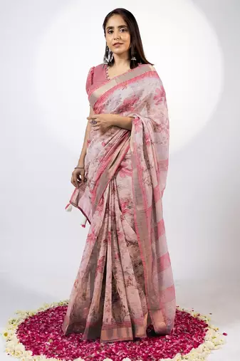 Women's peach floral print golden zari woven cotton blend saree with unstiched blouse piece