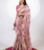 Women's peach floral print golden zari woven cotton blend saree with unstiched blouse piece
