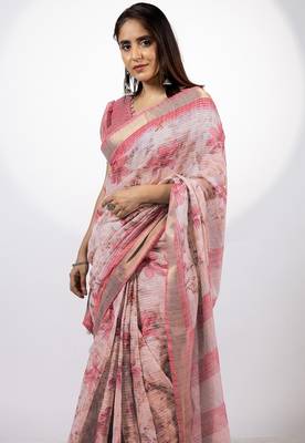 Women's peach floral print golden zari woven cotton blend saree with unstiched blouse piece 2