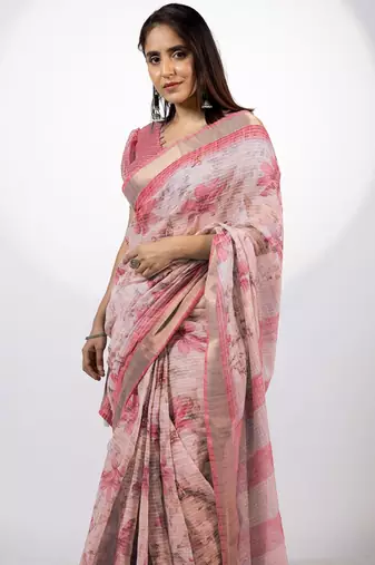 Women's peach floral print golden zari woven cotton blend saree with unstiched blouse piece