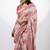 Women's peach floral print golden zari woven cotton blend saree with unstiched blouse piece