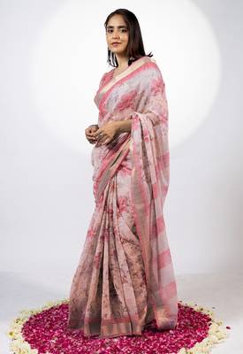 Women's peach floral print golden zari woven cotton blend saree with unstiched blouse piece 3
